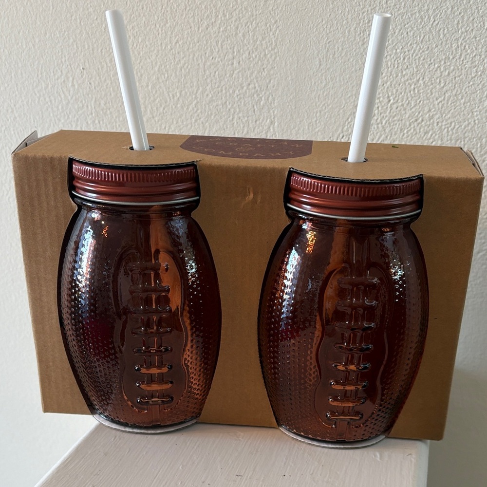 Brown Football-Shaped Glass Mason Jars with Straws